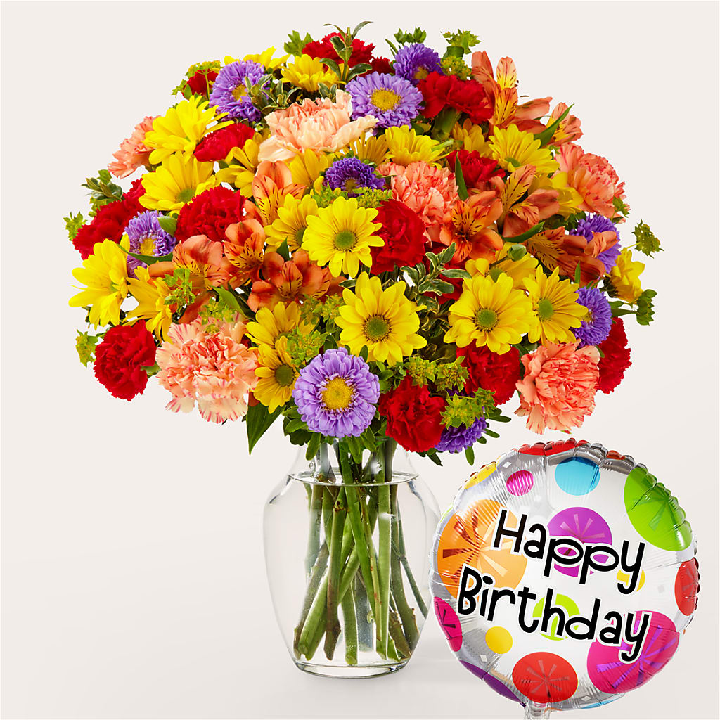 Kaleidoscope Bouquet with Birthday Balloon – PAUL'S FLOWERS, Charlottetown PE