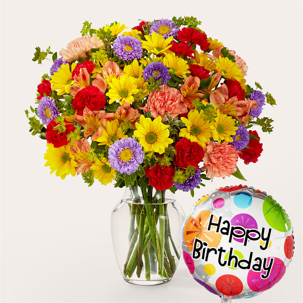 Kaleidoscope Bouquet with Birthday Balloon – PAUL'S FLOWERS, Charlottetown PE