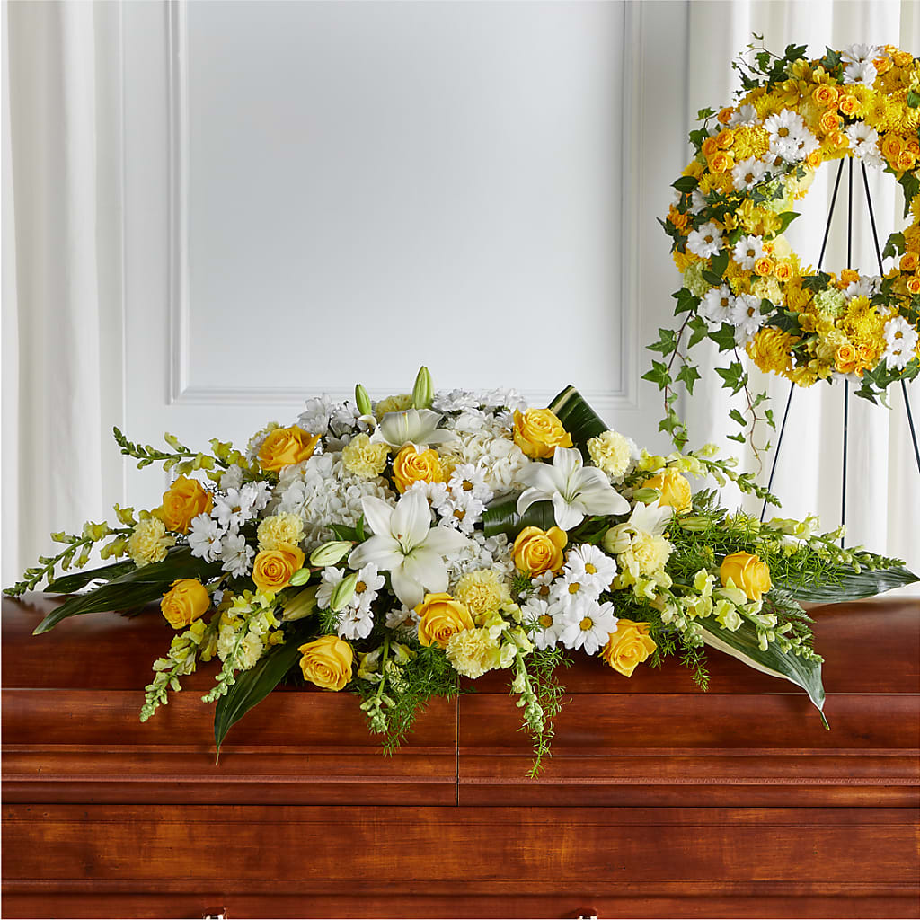Golden Harmony Casket Spray – PAUL'S FLOWERS, Charlottetown PE