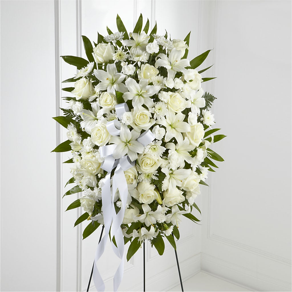 Exquisite Tribute Standing Spray-White Ribbon – PAUL'S FLOWERS, Charlottetown PE