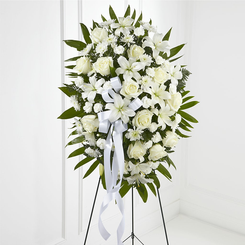 Exquisite Tribute Standing Spray-White Ribbon – PAUL'S FLOWERS, Charlottetown PE